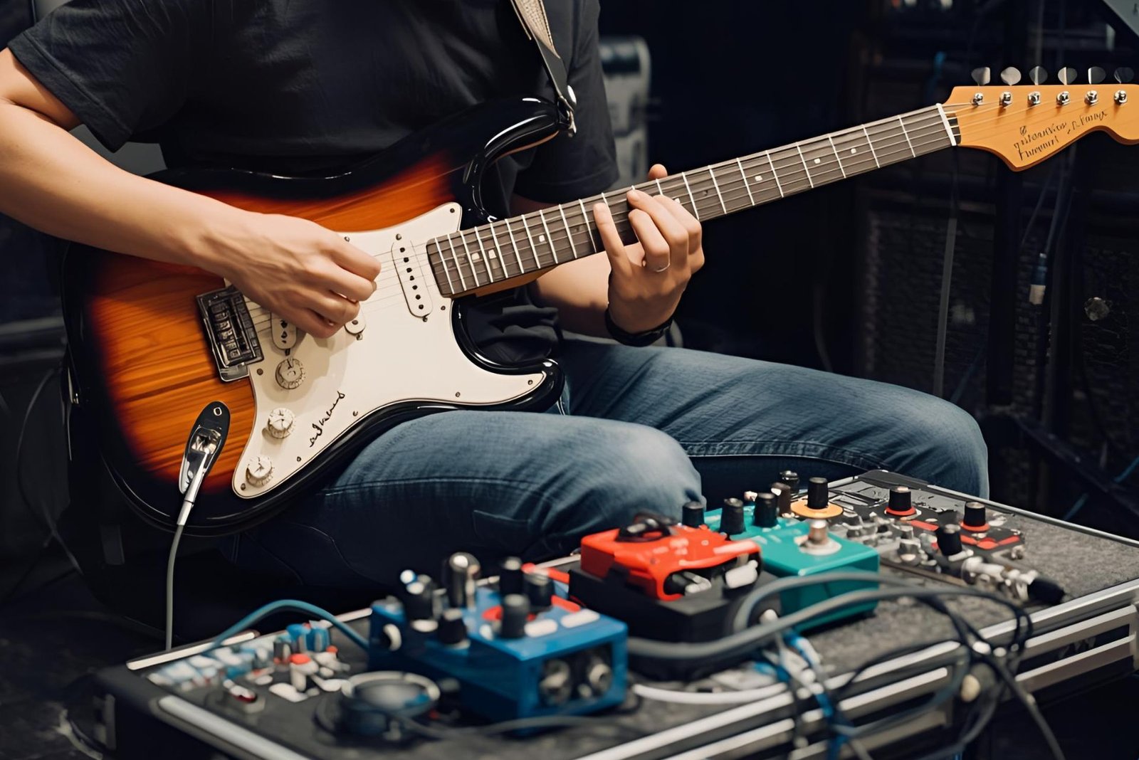 Guitarist experimenting with different pedal combinations