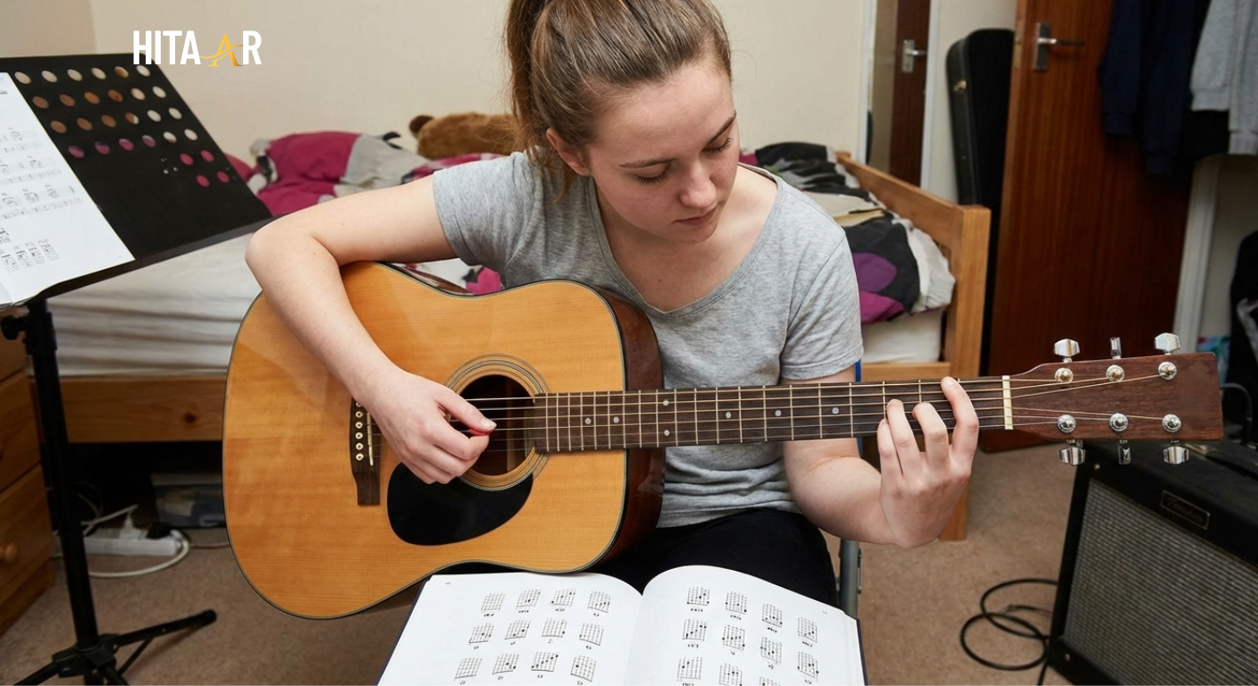 Guitarist practicing GM barre chord while playing music.