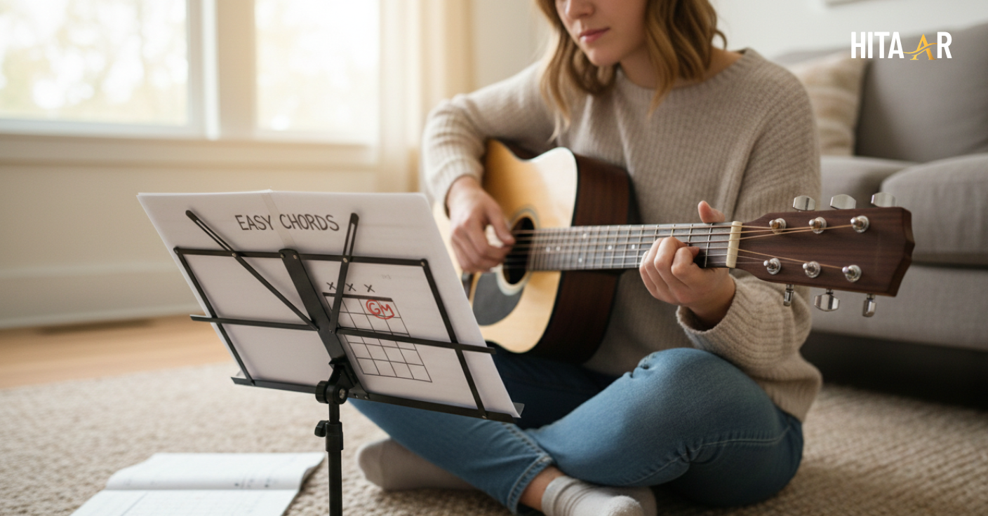 Beginner guitarist practicing easy GM chord transition while playing a simple song.