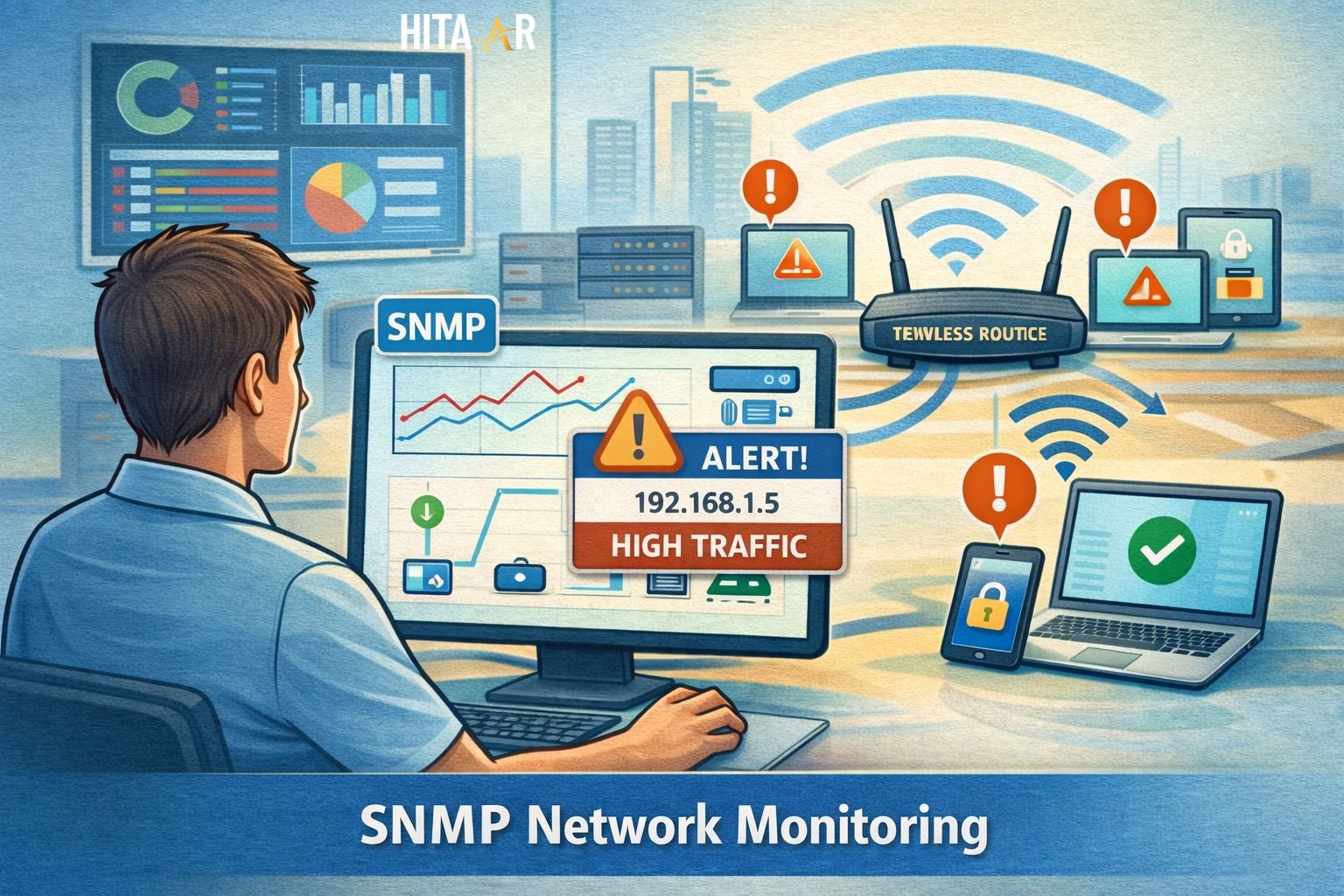 Student monitoring a small wireless network using SNMP dashboards, showing traffic, connected devices, and alerts.