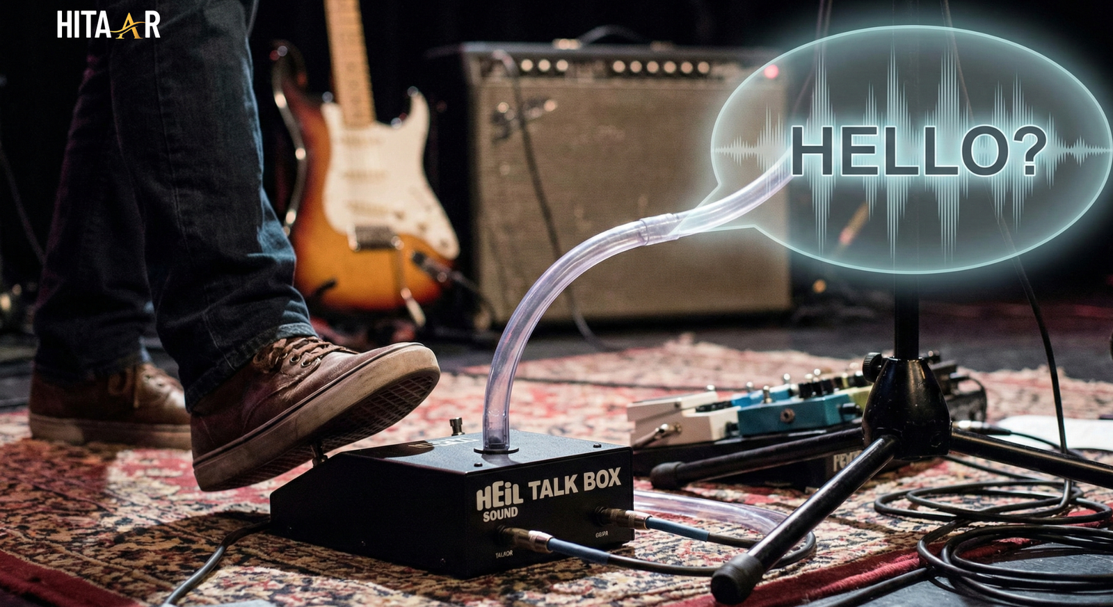 Guitar talk box setup creating speech-like sounds