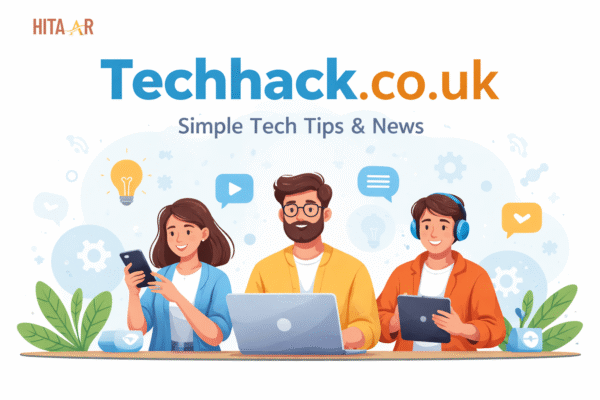 People using laptops and smartphones with Techhack.co.uk content on screens