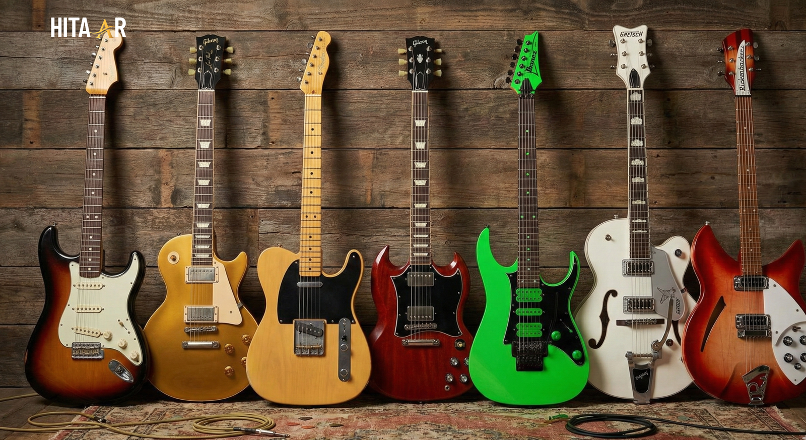 Multiple electric guitars in different body styles arranged together for comparison.