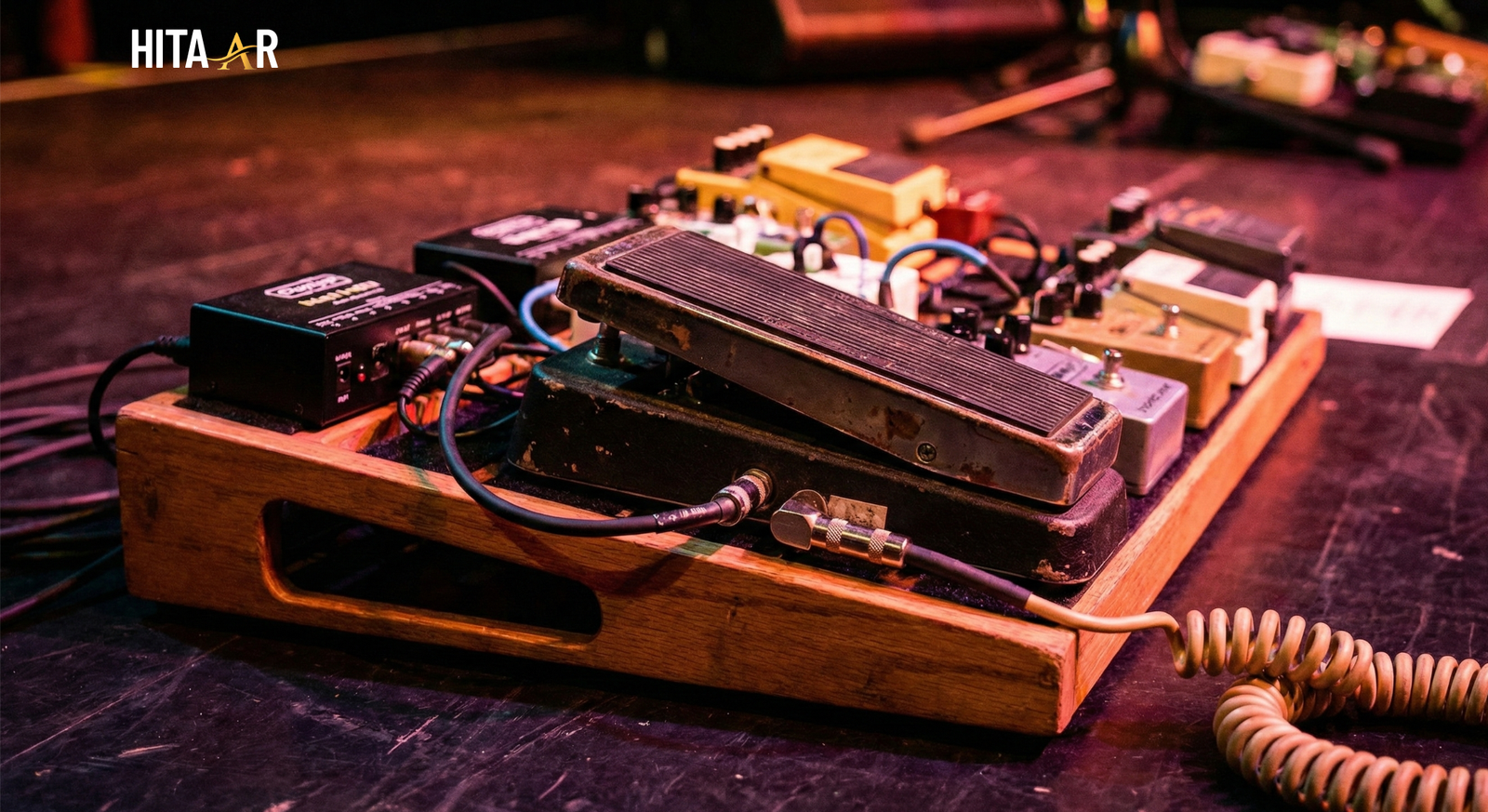 Wah wah guitar effects pedal on a pedalboard, ready for guitarists to create expressive wah tones.