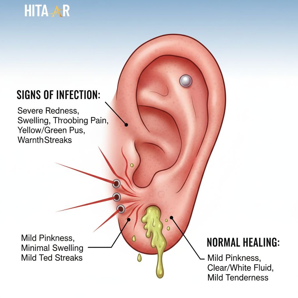Red and swollen ear piercing with tenderness and yellow discharge indicating infection. how long does it take for ear piercings to heal