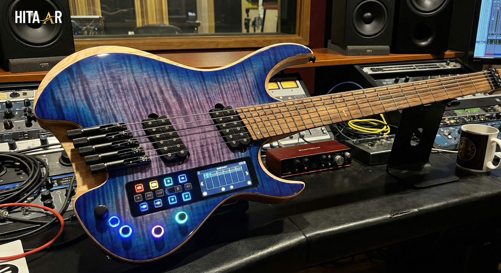 A modern electric guitar placed on a studio table showing its body, neck, and electronic controls.