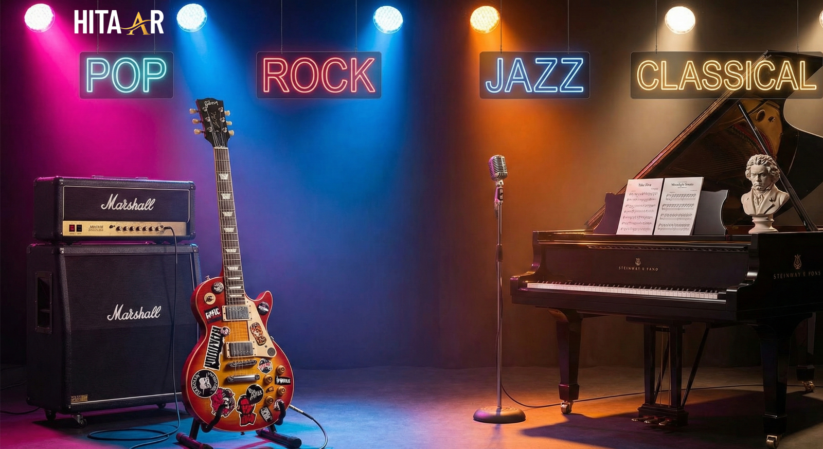 Guitar and piano representing different music genres, pop, rock, jazz, and classical.