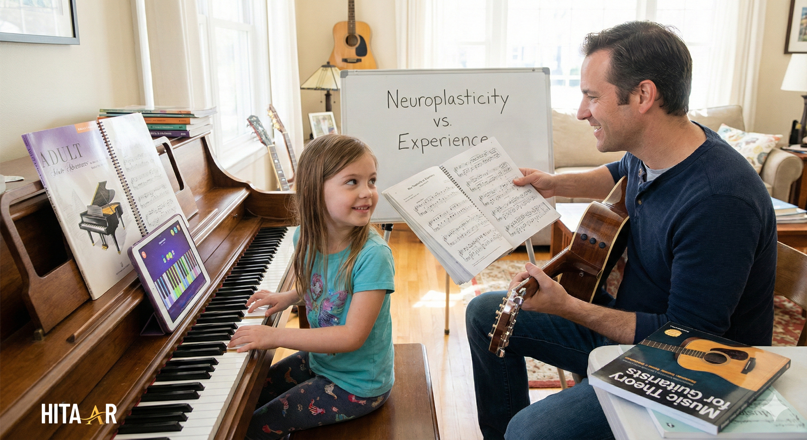 Child and adult learning music on piano and guitar, comparing age-based learning differences.