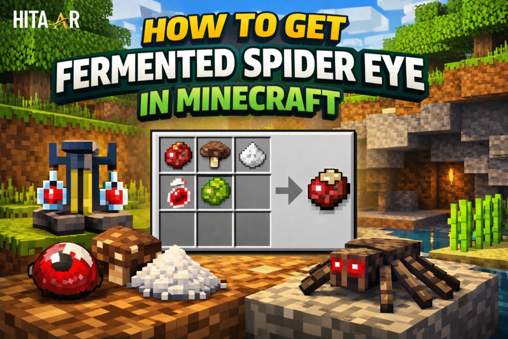 how to get fermented spider eye with a spider, brown mushroom, sugar, and the crafted item on a crafting table alongside a brewing stand.
