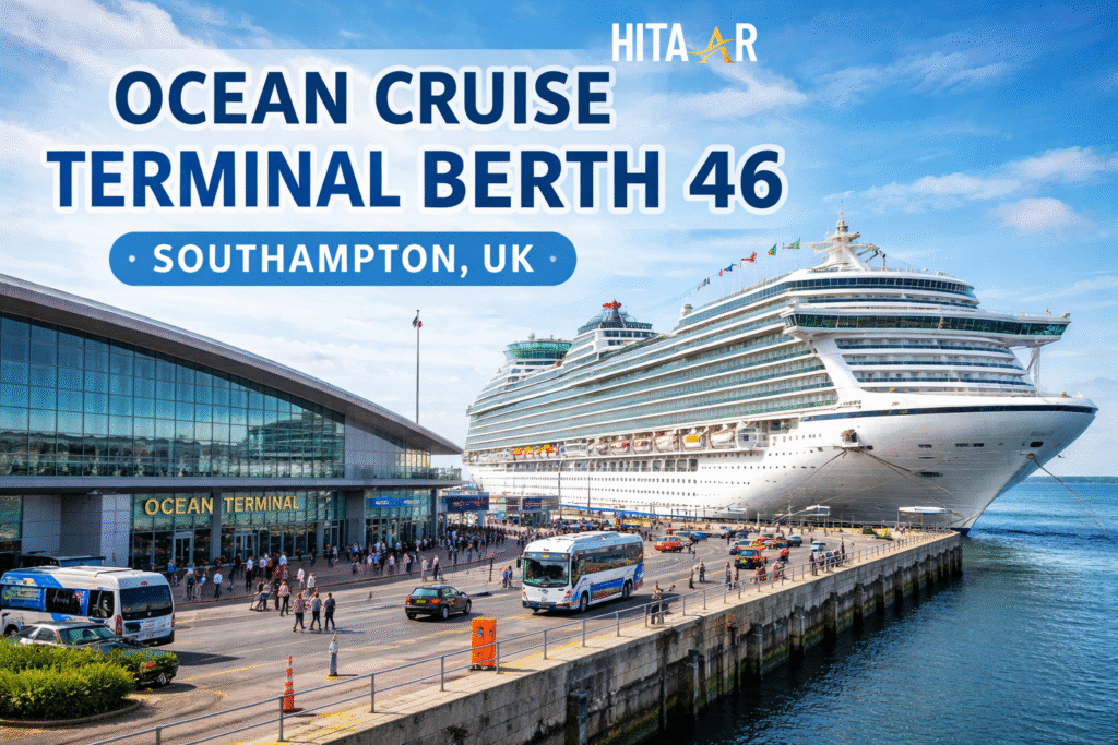 ocean cruise terminal berth 46 southampton uk with a large cruise ship docked, passengers walking, and vehicles at the terminal during a sunny day.