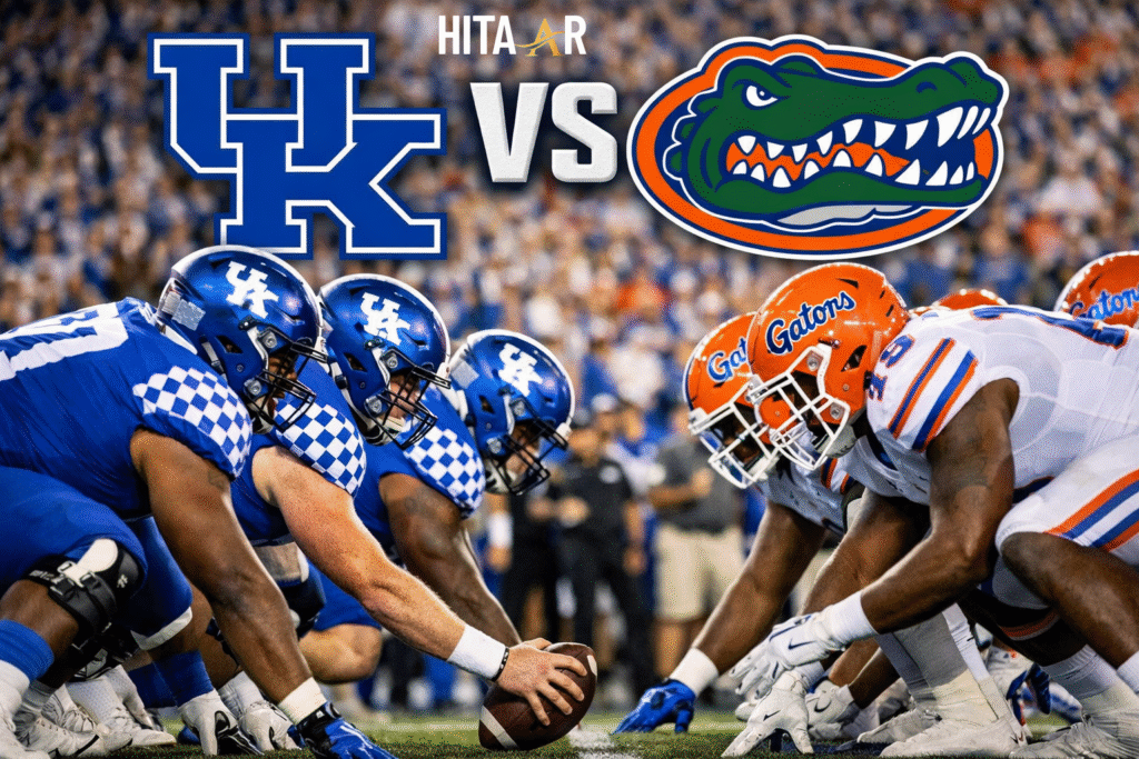 UK football vs Florida Gators football match player stats showing Kentucky Wildcats and Florida Gators lined up at the line of scrimmage during a high-intensity SEC game