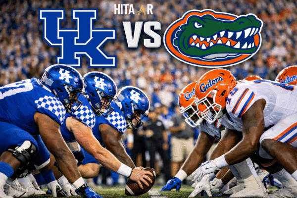 UK football vs Florida Gators football match player stats showing Kentucky Wildcats and Florida Gators lined up at the line of scrimmage during a high-intensity SEC game