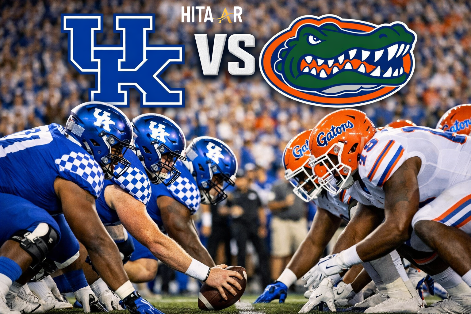 UK football vs Florida Gators football match player stats showing Kentucky Wildcats and Florida Gators lined up at the line of scrimmage during a high-intensity SEC game